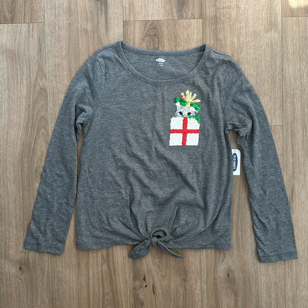 Old‎ Navy Long Sleeve Top Girls Large Gray Sequin Christmas Cat Tie Front Shirt